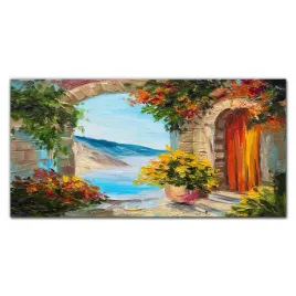 obraz-szklany-na-sciane-kwiaty-dom-morze-120x60-cm