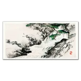 obraz-na-plotnie-wodospad-drzewo-fale-100x50-cm