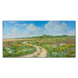 obraz-szklany-na-sciane-kwiaty-drzewa-niebo-120x60