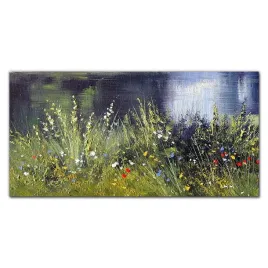 obraz-szklany-na-sciane-rzeka-kwiaty-trawa-120x60