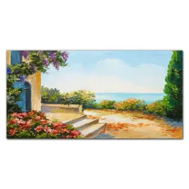 obraz-szklany-wybrzeze-kwiaty-morze-chmury-120x60