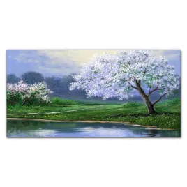 obraz-szklo-na-sciane-jezioro-drzewa-kwiaty-120x60