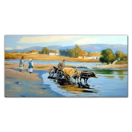 obraz-szklany-wies-wiesniacy-rzeka-chaty-120x60-cm