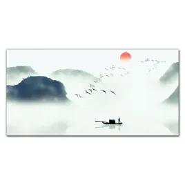 obraz-na-plotnie-jezioro-gory-mgla-ptaki-100x50-cm