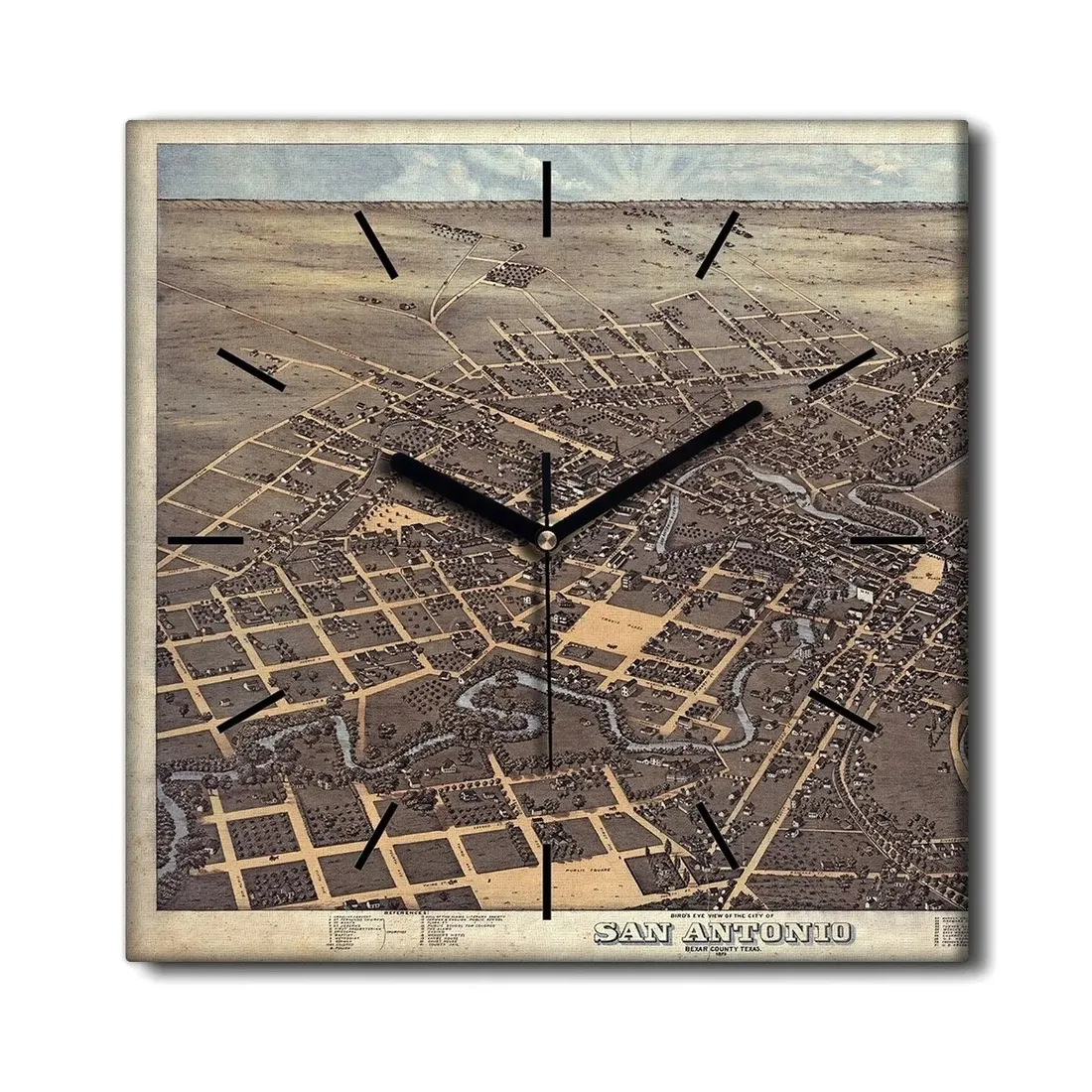 zegar-plotno-na-ramie-mapa-san-antonio-retro-30x30