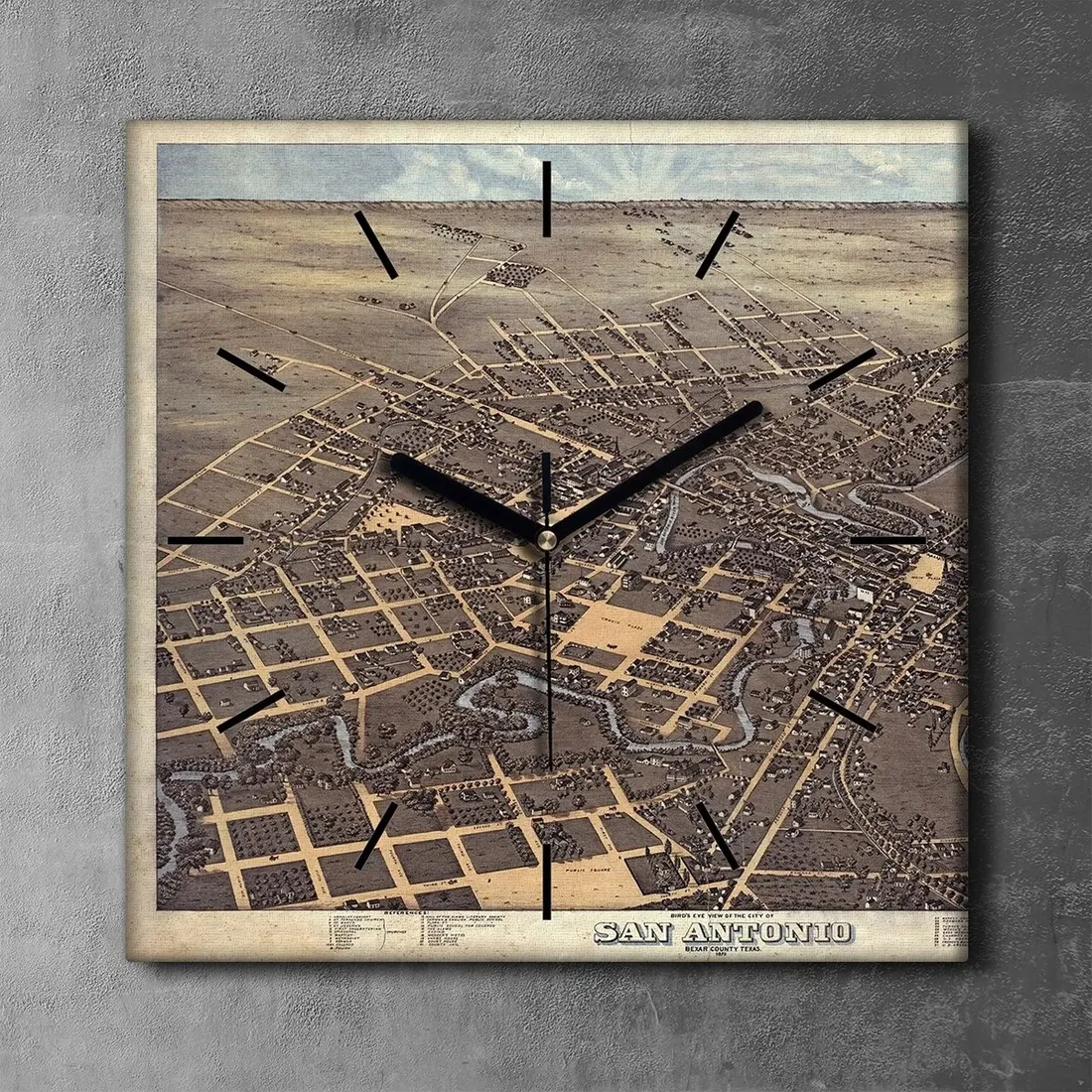 zegar-plotno-na-ramie-mapa-san-antonio-retro-30x30