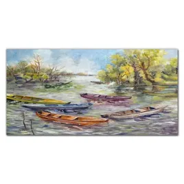 obraz-plotno-jezioro-lodzie-drzewa-niebo-120x60-cm