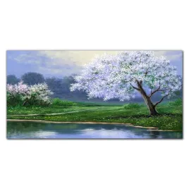 obraz-na-plotnie-jezioro-drzewa-kwiaty-120x60-cm