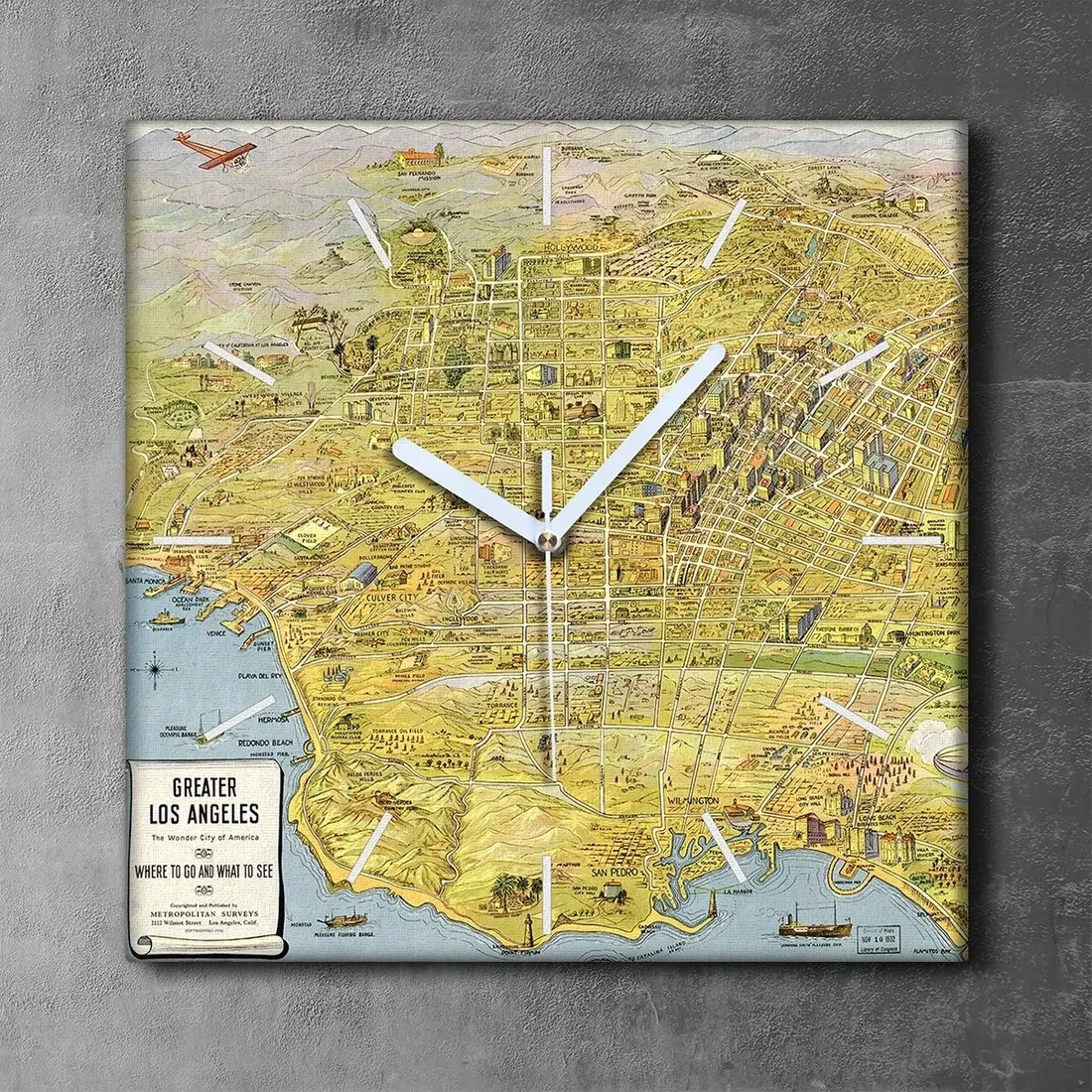 zegar-plotno-na-ramie-30x30-mapa-los-angeles-retro