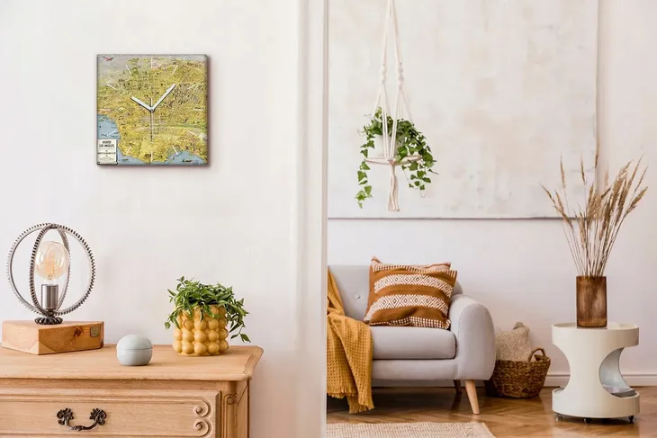 zegar-plotno-na-ramie-30x30-mapa-los-angeles-retro-kolor-wielokolorowy