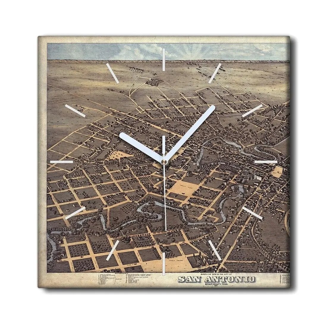 zegar-plotno-na-ramie-30x30-mapa-san-antonio-retro