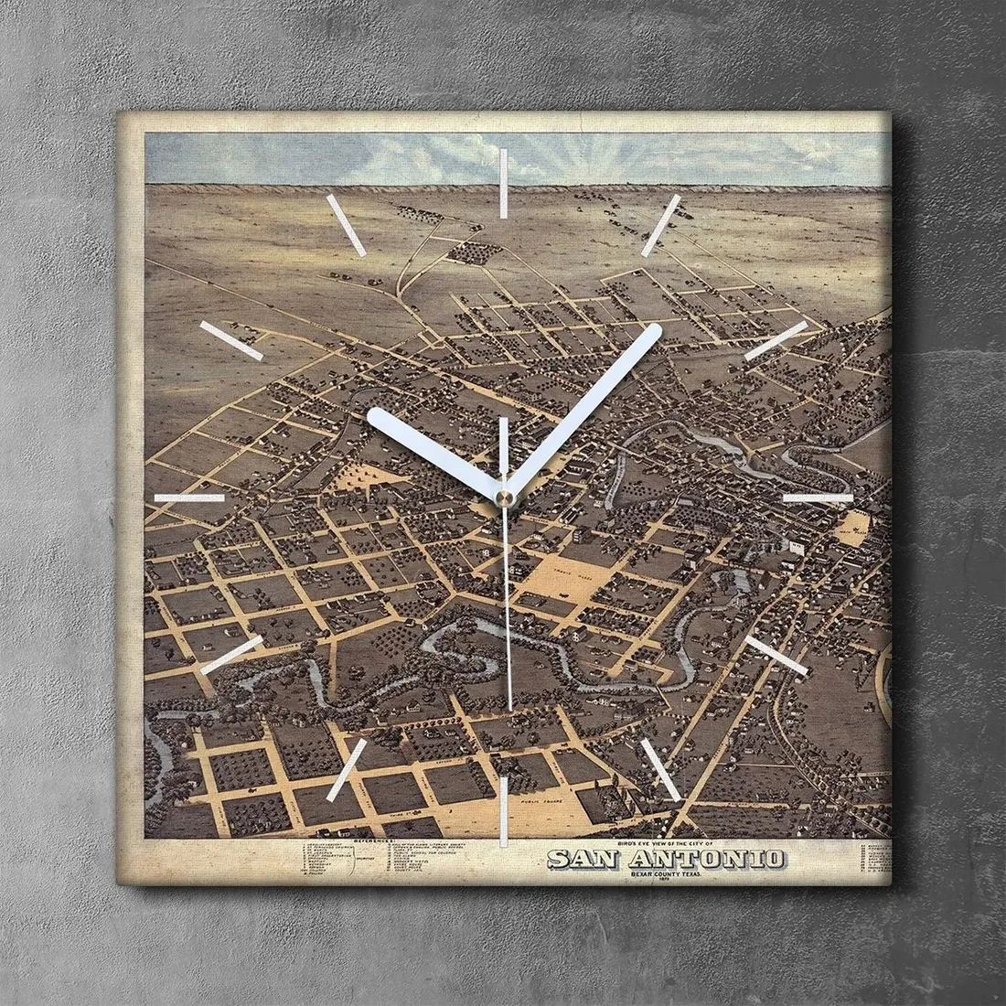 zegar-plotno-na-ramie-30x30-mapa-san-antonio-retro