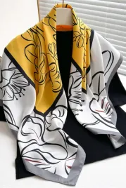 apaszka-damska-zolto-biala-90x90-kwiatowy-line-art-i-energetyczna-eleganc