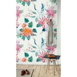 tapeta-scienna-tropikalne-kwiaty-i-zuraw-416x254cm