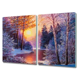 deska-szklo-2x40x52-las-snieg-rzeka-zachod-slonca