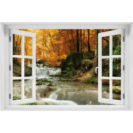 naklejka-fototapeta-3d-okno-widok-wodospad-w-lesie