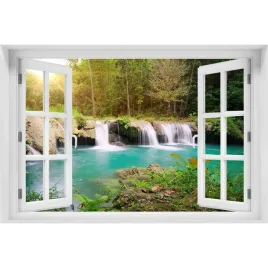 naklejka-fototapeta-3d-okno-widok-wodospad-w-lesie