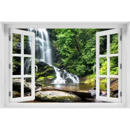 naklejka-fototapeta-3d-okno-widok-wodospad-w-lesie