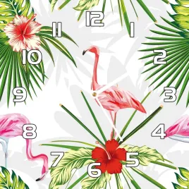 cichy-zegar-scienny-flamingi-liscie-kwiaty-30x30