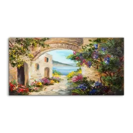 obraz-na-plotnie-na-sciane-dom-morze-kwiaty-120x60