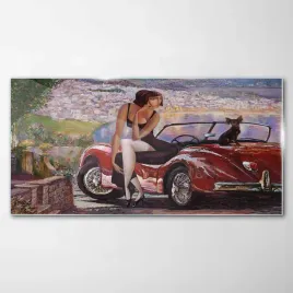 obraz-szklany-dekor-retro-auto-kobieta-pies-120x60