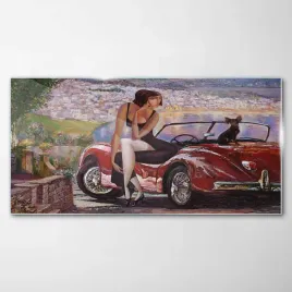 obraz-szklany-dekor-retro-auto-kobieta-pies-140x70