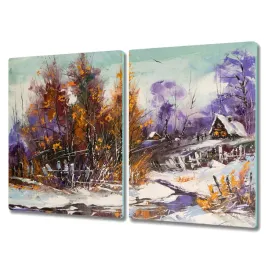 deska-szklo-2x40x52-zima-snieg-drzewa-chaty-rzeka