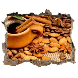 naklejka-3d-dziura-na-sciane-ziarna-kawy-i-kubek