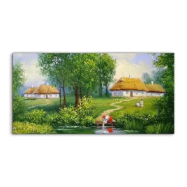 obraz-akryl-140x70-nowoczesny-wioska-drzewa-woda