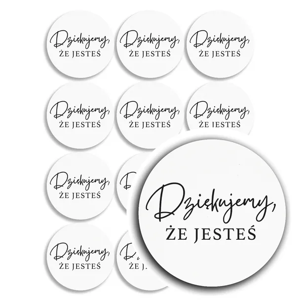 Białe Naklejki 35mm „Dziękujemy, że jesteś” – Minimalistyczne – 24 szt.