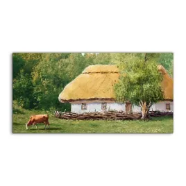 fotoobraz-140x70-cm-wiszacy-chata-krowa-las-drzewo
