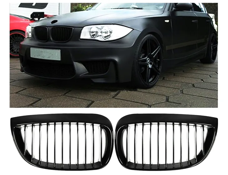 atrapa-grill-kratka-nerki-bmw-e81-e87-matt-numery-katalogowe-zamiennikow-001mb-bmw-e81-e87-2004-2007-przed-liftem-czarne-matt-nerki-w-grill-zderzaki