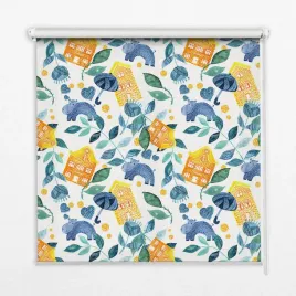 roleta-150x240-cm-zolte-domy-niebieskie-rosliny