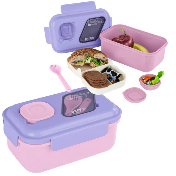 LUNCHBOX śniadaniówka szkolna dziewczęca z przegródkami 1,5L sztućce RÓŻOWA