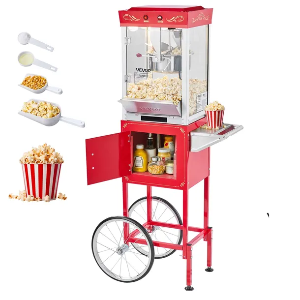 PROFESJONALNA MASZYNA DO POPCORNU VEVOR 8 OZ 800W WÓZEK CZERWONY LED