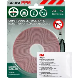 Zdjęcie produktu 12mm x 4m / 3M LSE-160 DWUSTRONNA TAŚMA DO TWORZYW SZTUCZNYCH 1,6 + czyścik
