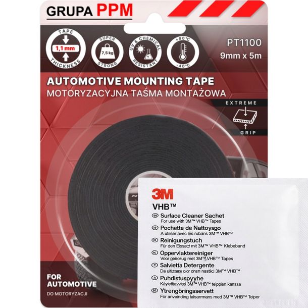 3M PT1100 9mmx5m MOCNA MOTORYZACYJNA DWUSTRONNA TAŚMA MONTAŻOWA + czyścik
