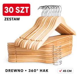 Zdjęcie produktu Wieszaki Drewniane na Ubrania 30 szt 45 cm Obrotowy Hak 360° Mocne Premium YOKA