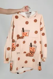 bluza-damska-z-kapturem-bezowa-wkladana-przez-glowe-dlugi-rekaw-print