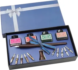 dlugopis-drewniany-do-kaligrafii-z-butelkami-atramentu-i-stalowkami-16szt