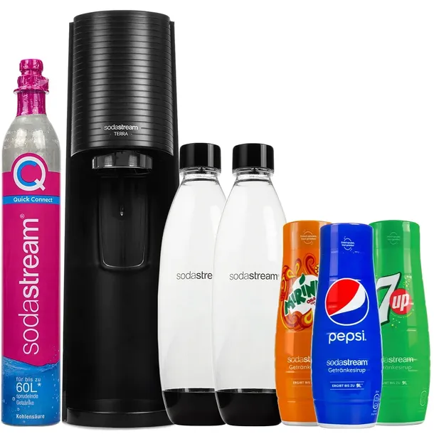 SATURATOR SODASTREAM TERRA BLACK Z 2 BUTELKAMI + PEPSI + MIRINDA + 7UP