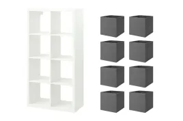 ikea-zestaw-kallax-regal-77x147-cm-bialy-8-pudelka-drona-ciemnoszary