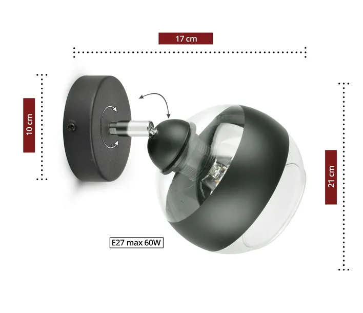 lampa-scienna-kinkiet-czarna-szklana-kula-black-belt-kg1-led-e27-dlugosc-wysokosc-21-cm