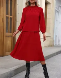 czerwony-elegancki-gladki-prosty-komplet-bluzka-spodnica-shein-40-42