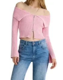 klasyczny-rozowy-dzianinowy-sweter-rozpinany-odkryte-ramiona-m