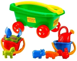 zestaw-do-piasku-taczka-wozek-konewka-wiaderko-lopatka-grabki-sitko-foremki