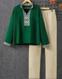 komplet-zielony-gladki-dlugi-rekaw-gumka-kolnierzyk-wzor-aztecki-shein-xl