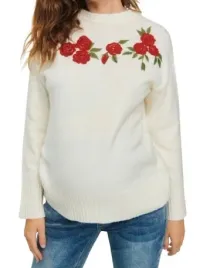 kremowy-klasyczny-prosty-sweter-ciazowy-z-dlugim-rekawem-haft-kwiaty-s