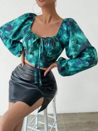 dopasowany-zielony-krotki-top-elegancki-wiazany-wzor-rekaw-bufki-shein-xl