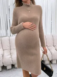 shein-sukienka-ciazowa-przed-kolano-dlugi-rekaw-brazowy-rozmiar-38